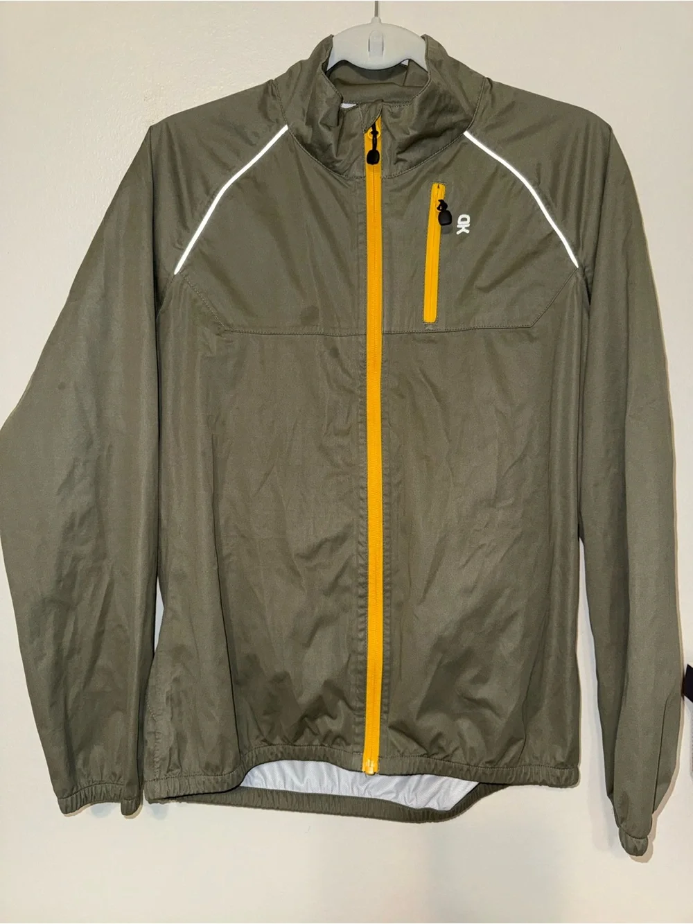 Athletic Olive Green Lightweight Windbreaker Jacket with Yellow Zipper